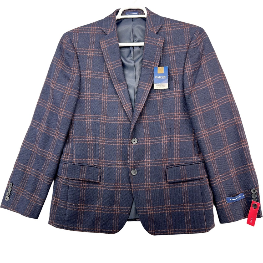 Stafford Signature Merino Wool Sport Coat 42S Slim Fit Navy Rust Plaid Blazer NW